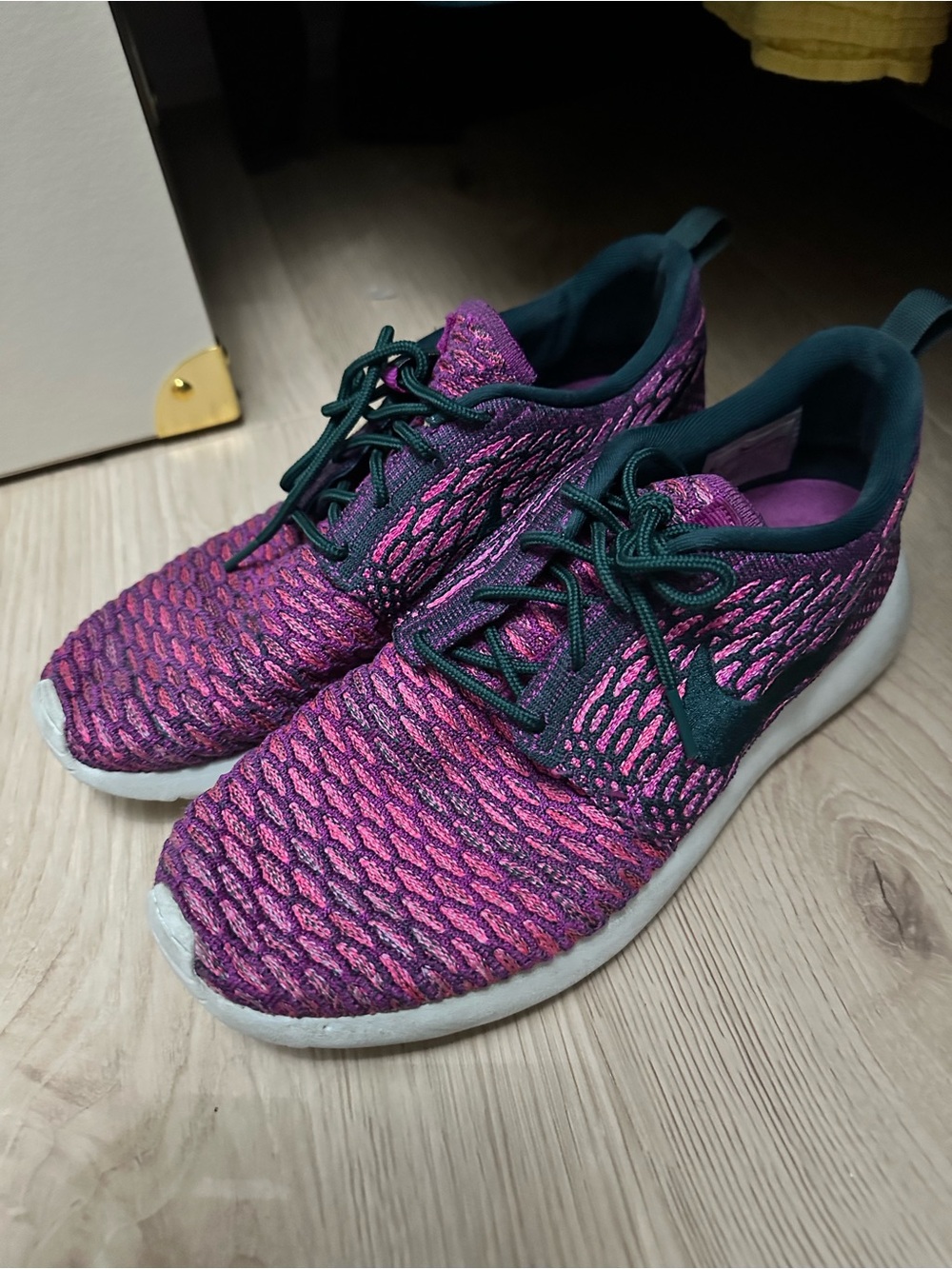 Nike Women's Pink and Purple Knit Trainers with Dark Teal Accents